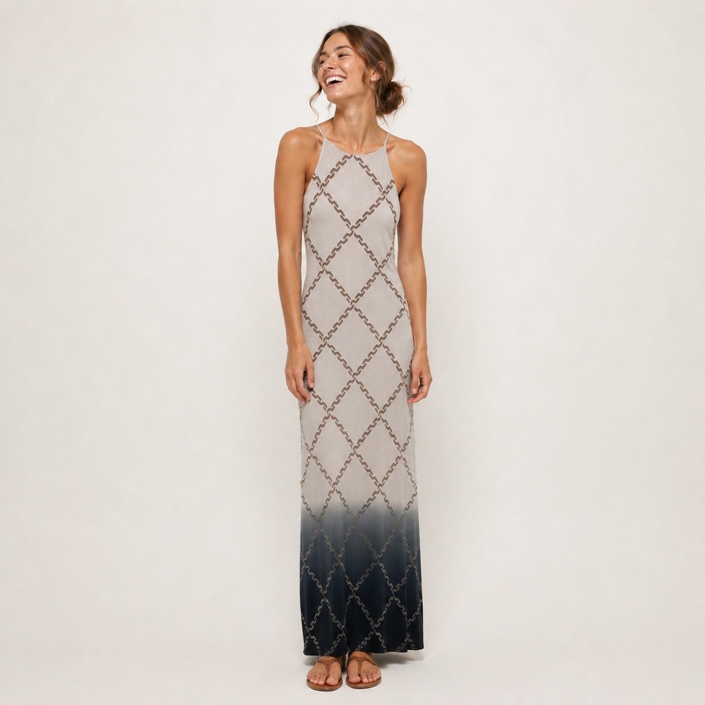a.n.a Maxi Dress Women Medium White Navy Ombre Chain Link Halter Neck NWT
